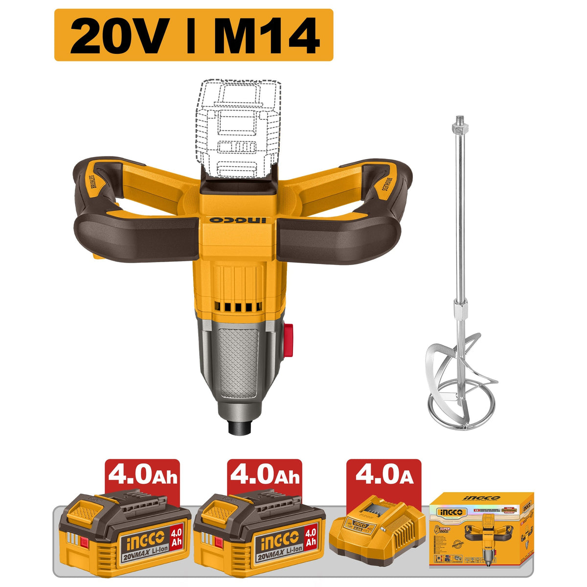 INGCO 20V BL POWER MIXER 2X4.0AH + 4A CHARGER MXLI20162
