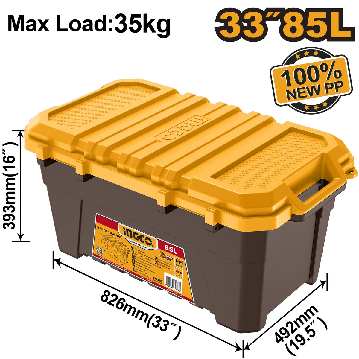 INGCO 33" 85L PLASTIC TOOL BOX LOAD 35KG METAL BUCKLE 826492393MM PBX3302