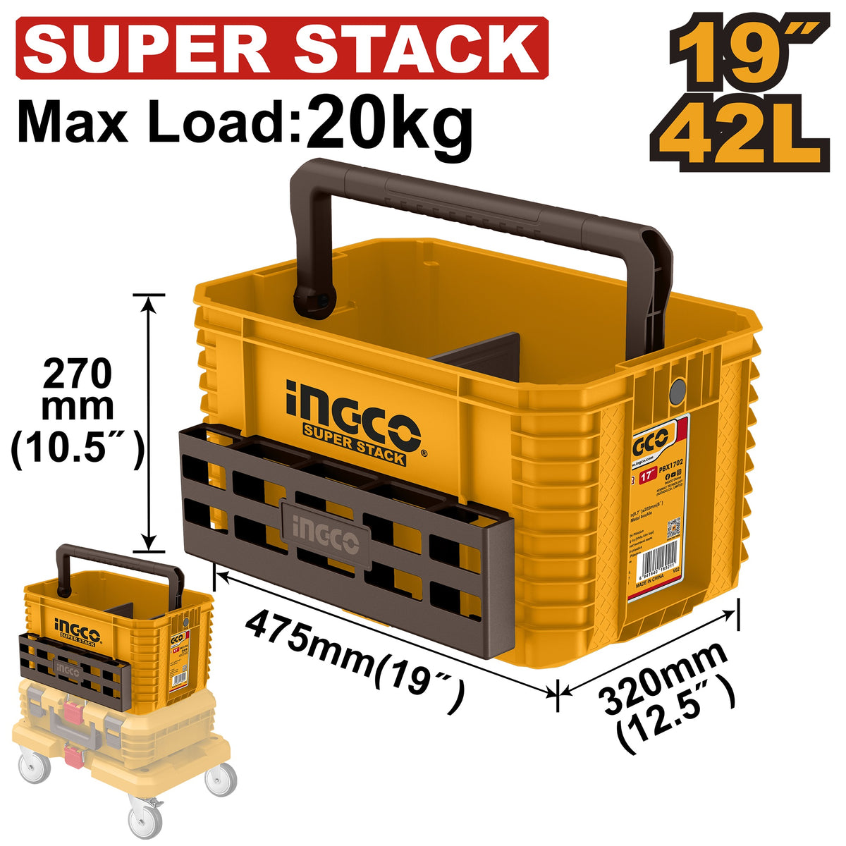 INGCO 19" STACKABLE PLASTIC TOOL TOTE 475X320X270MM PBXS104 Main image