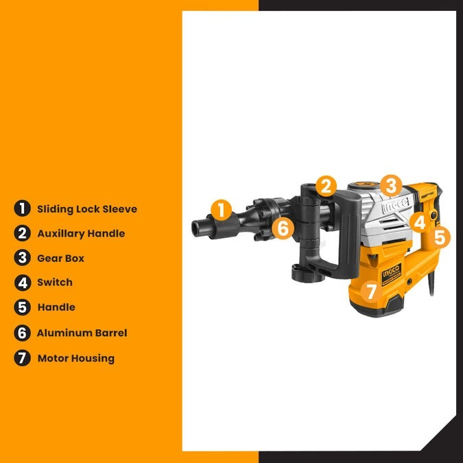 INGCO DEMOLITION BREAKER HEX 17MM CHUCK 20J 1300W PDB13008