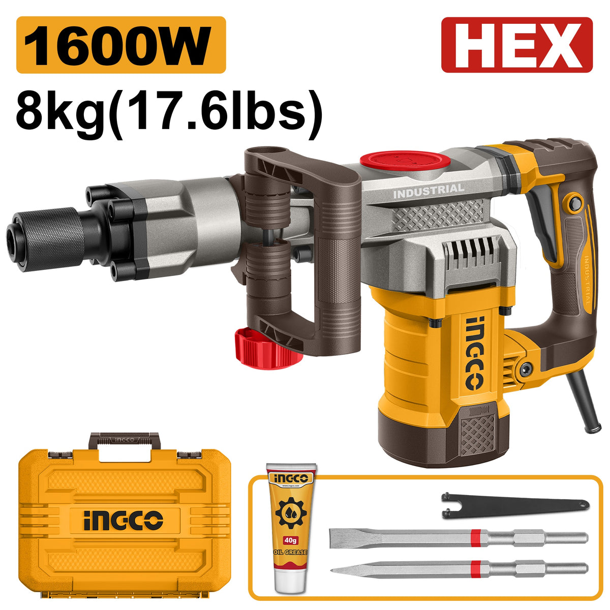 INGCO DEMOLITION BREAKER ANTI-VIBRA HEX 17MM 22J 1600W PDB16008 Main image