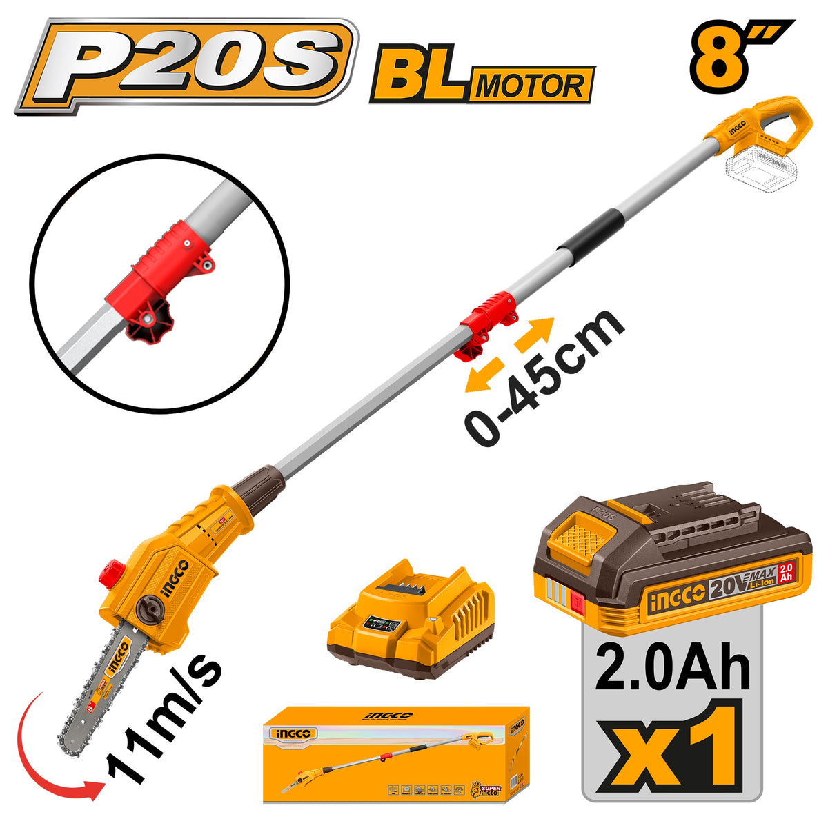 INGCO 20V BL POLE SAW MAX LTH 2M, 8"CHAIN SAW 1X2.0AH+CHARGER PSLI20281 Main image