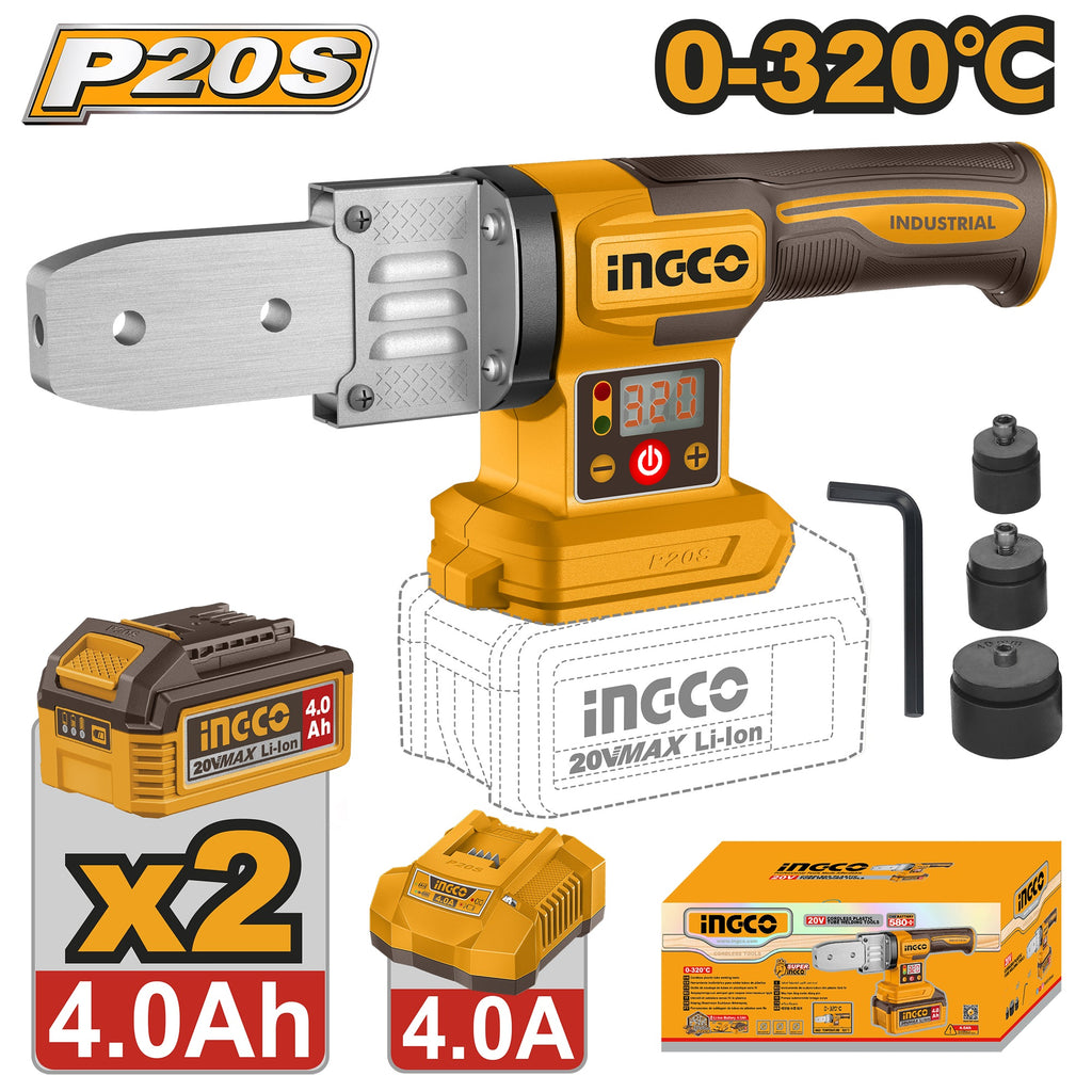 INGCO 20V PLASTIC TUBE WELDING TOOL 20,25&32MM 2X4.0AH+CHGR PTWTLI20182