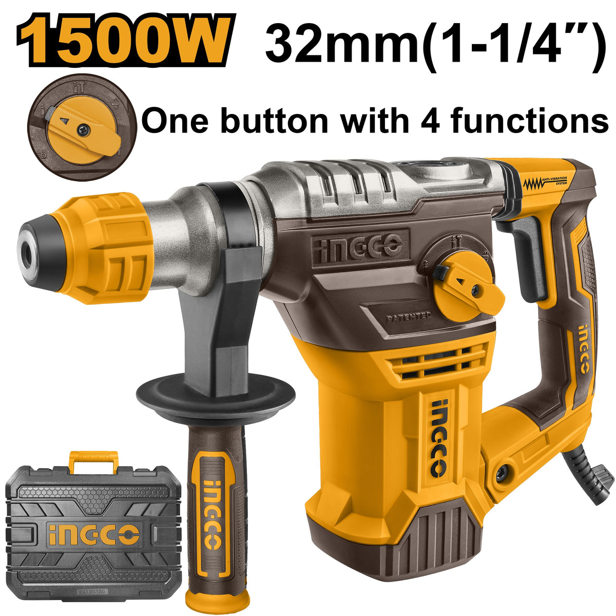INGCO SDS+ 32MM 4 MODE 1500W 5.5J ROTARY HAMMER RH150068 Main image