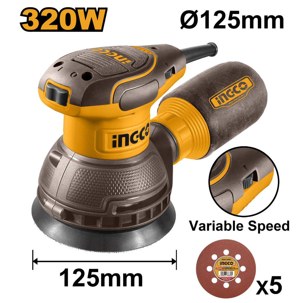 INGCO VARIABLE SPEED ELECTRIC RANDOM ORBITAL SANDER 320W 5" 125MM RS3216