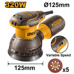 INGCO VARIABLE SPEED ELECTRIC RANDOM ORBITAL SANDER 320W 5" 125MM RS3216