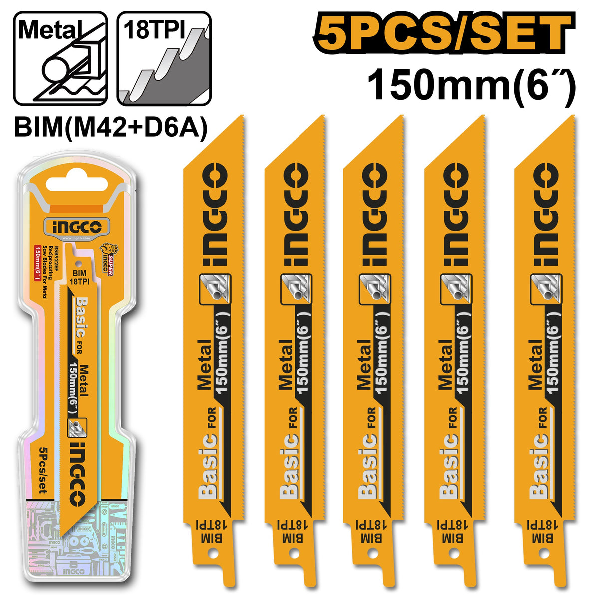 INGCO 5 PCS BI-METAL RECIPRO SAW BLADE 6"X18T RSB922EF