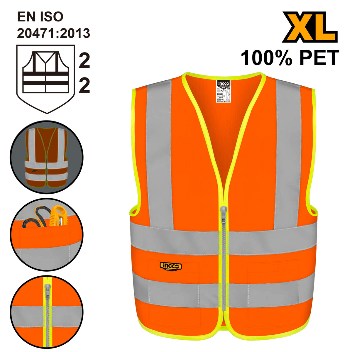 INGCO REFLECTIVE VEST W/2POCKET FLUORESCENT ORANGE EN471 CLASS 2 XL RV82XL Main image