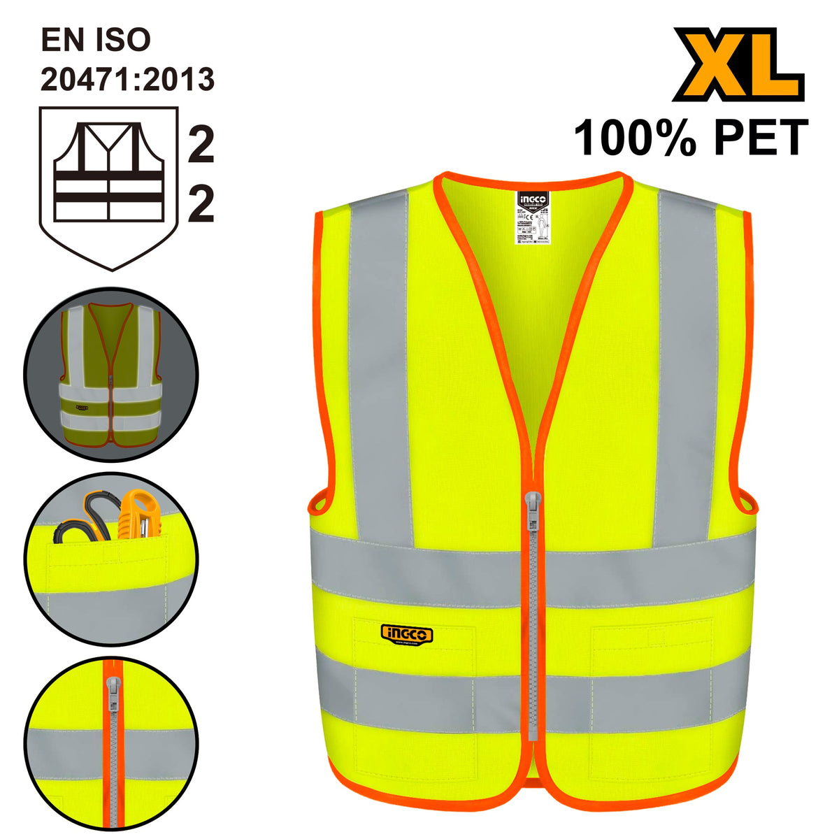 INGCO REFLECTIVE VEST W/2POCKET FLUORESCENT YELLOW EN471 CLASS 2 XL RV83XL Main image