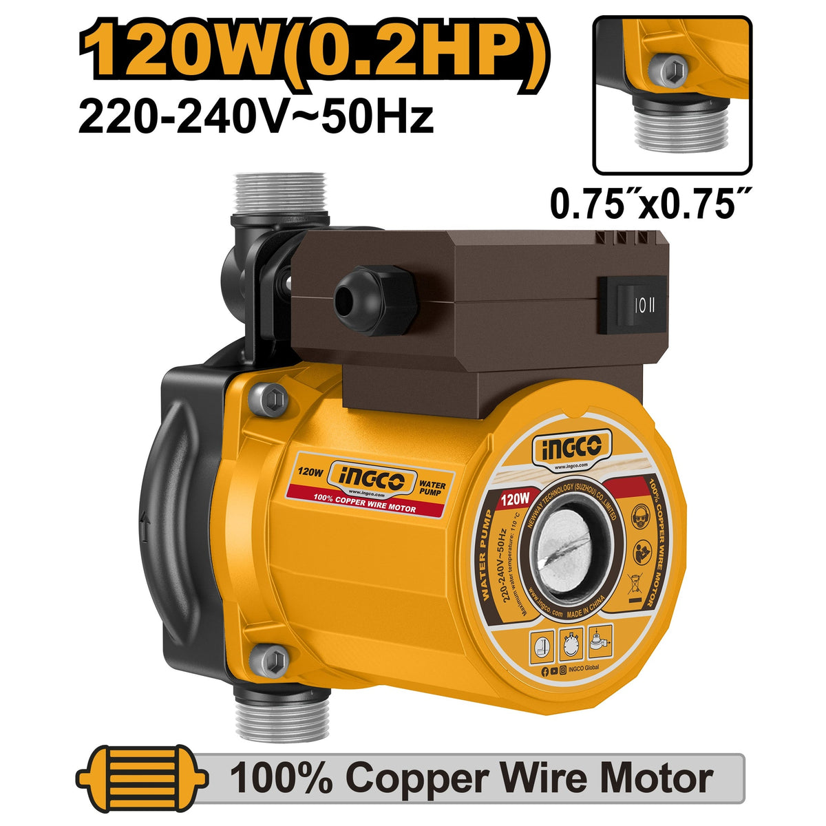 INGCO CIRCULATING PUMP 120W 3/4"X3/4" MAX HEAD 10M MAX FLOW 25L/MIN SCM120 Main image