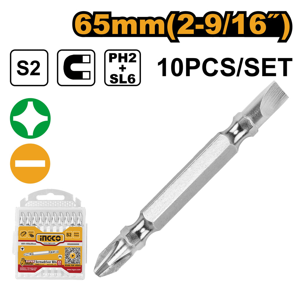 INGCO 10 PCS (-)6.0 & PH 2, 65MM DOUBLE END SCREWDRIVER BITS SDB21HL133