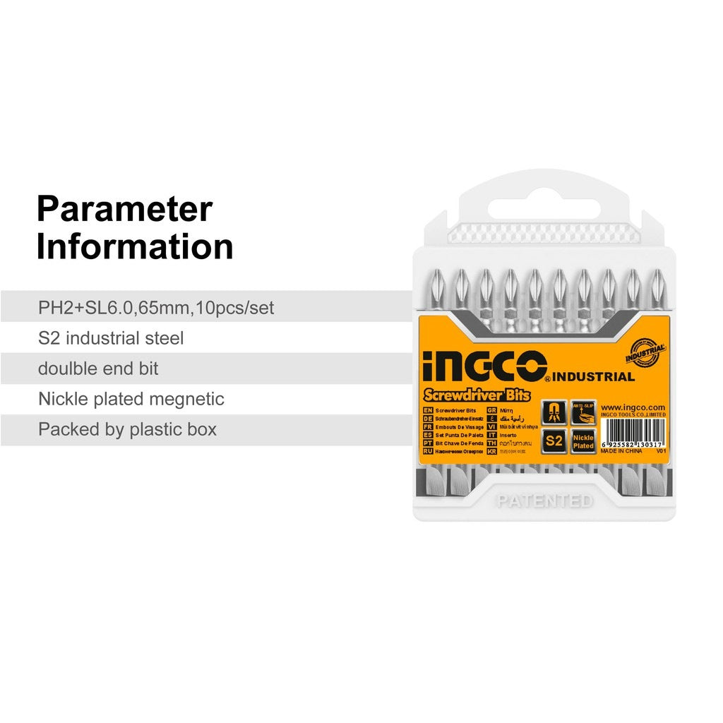 INGCO 10 PCS (-)6.0 & PH 2, 65MM DOUBLE END SCREWDRIVER BITS SDB21HL133