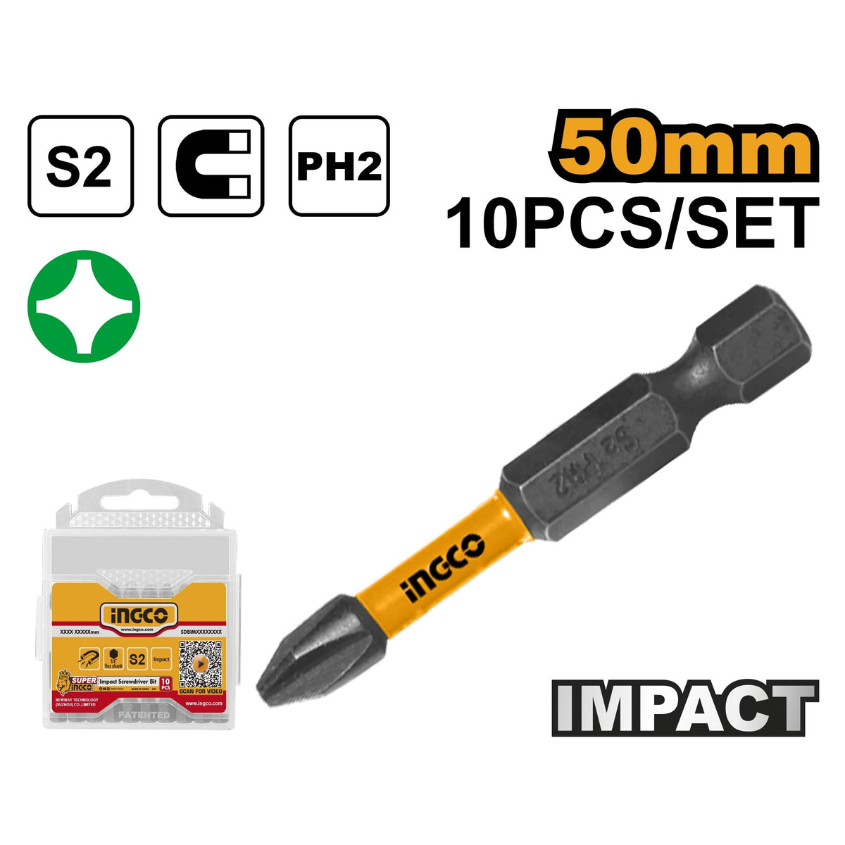 INGCO 10PCS SINGLE END IMPACT SCREWDRIVER BIT, (+)2X50MM SDBIM11PH223