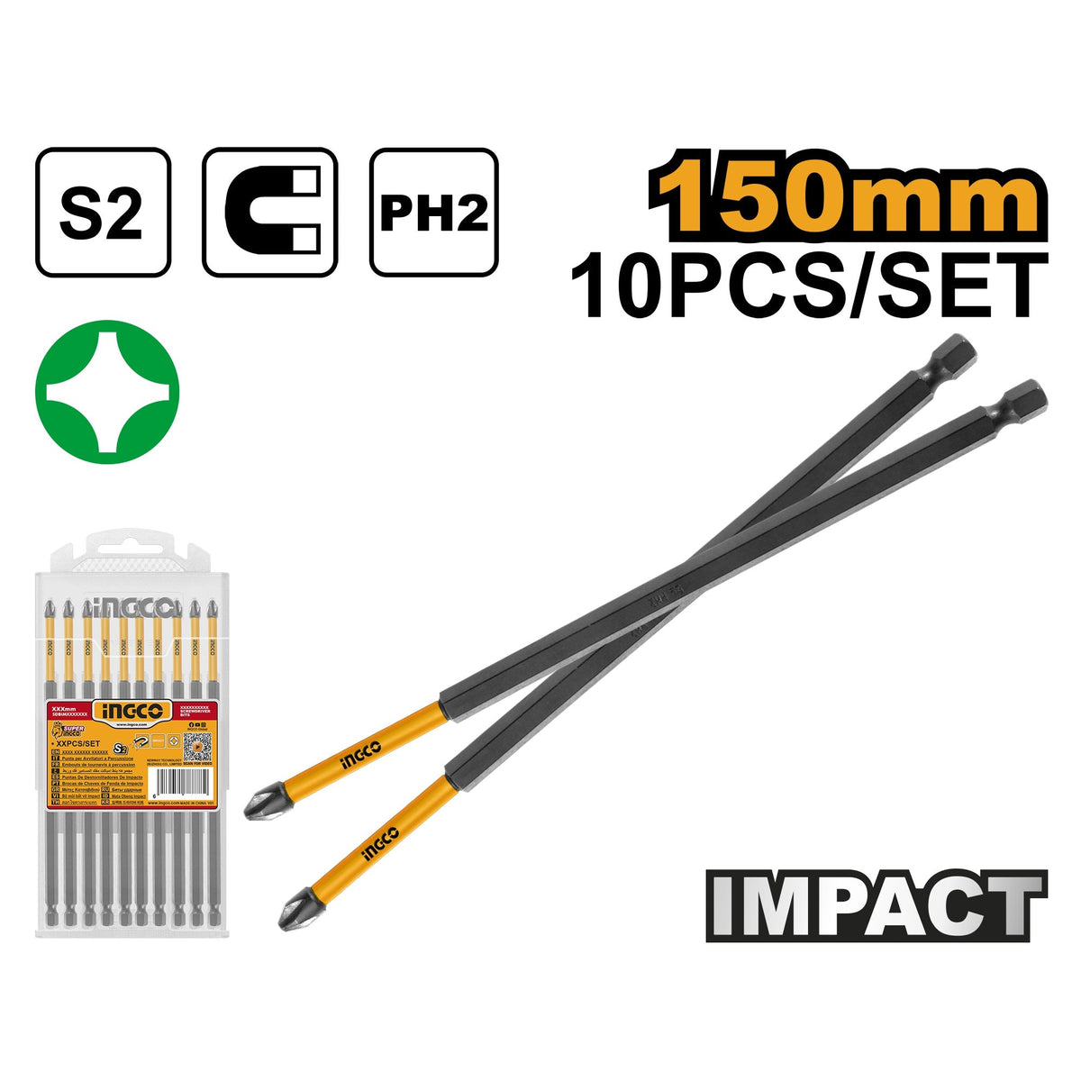 INGCO 10PCS SINGLE END IMPACT SCREWDRIVER BIT, (+)2X150MM SDBIM11PH263 Main image