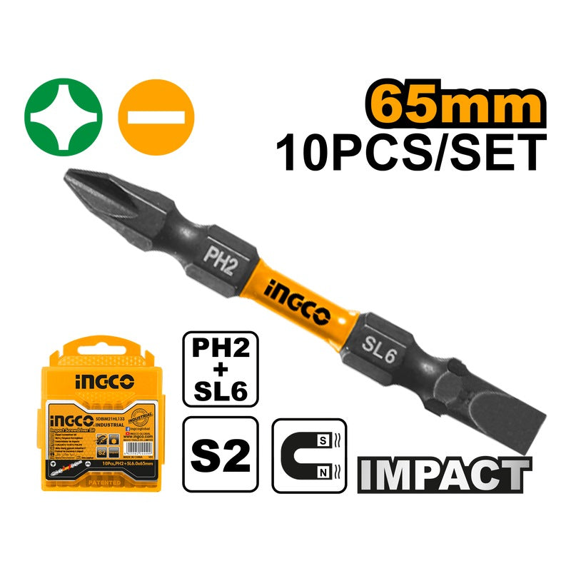 INGCO 10PCS DOUBLE END IMPACT S/DRIVER BIT, (-)6.0 & (+)2X65MM SDBIM21HL133 Main image