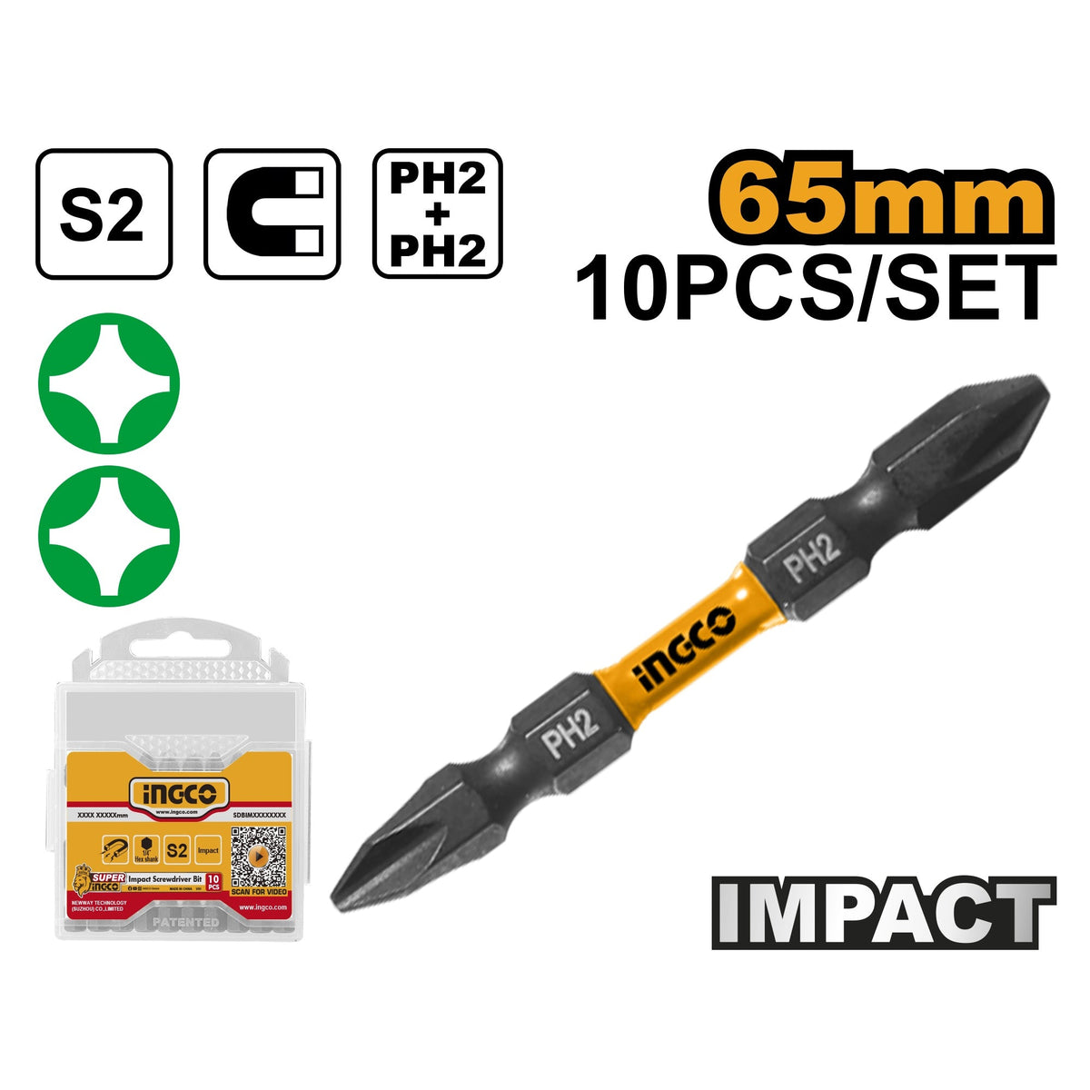INGCO 10PCS DOUBLE END HIGH IMPACT SCREWDRIVER BIT, (+)2X65MM SDBIM21PH233 Main image