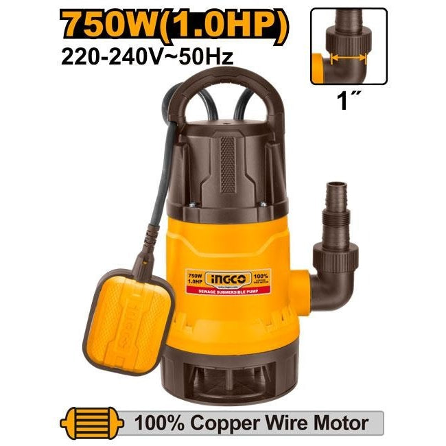 INGCO 1" SEWAGE SUBMERISIBLE PUMP W/FLOAT 1HP 750W MAX HEAD 8M, SPD7508 Main image