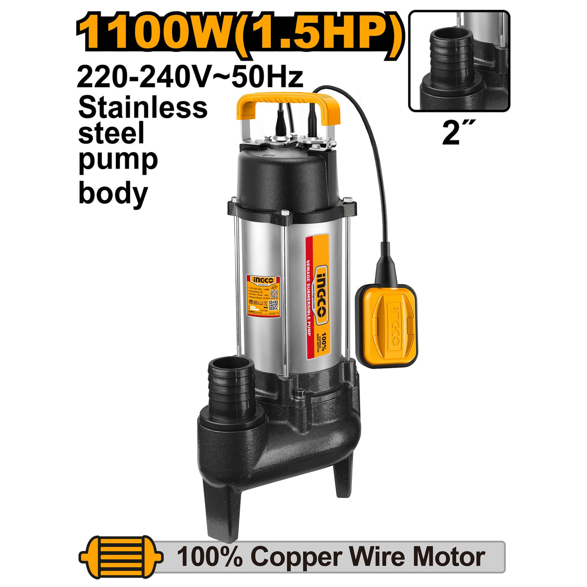 INGCO 2" SEWAGE SUBMERSIBLE PUMP W/FLOAT 1.5HP MAX 15MH, 22M3/HR SPD110068 Main image