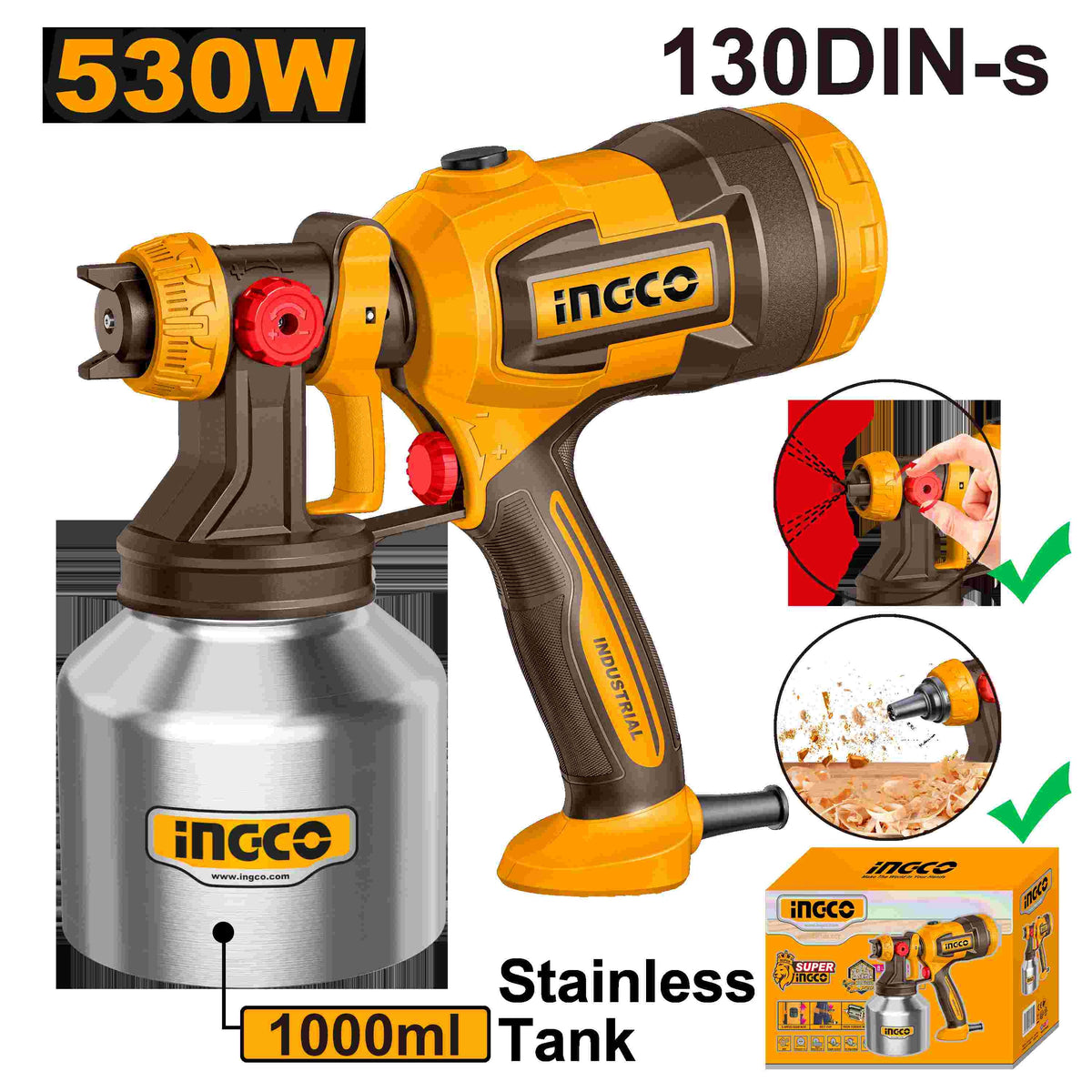 INGCO ELECTRIC SPRAY GUN 530W 1000ML STAINLESS STEEL TANK SPG45061 Main image