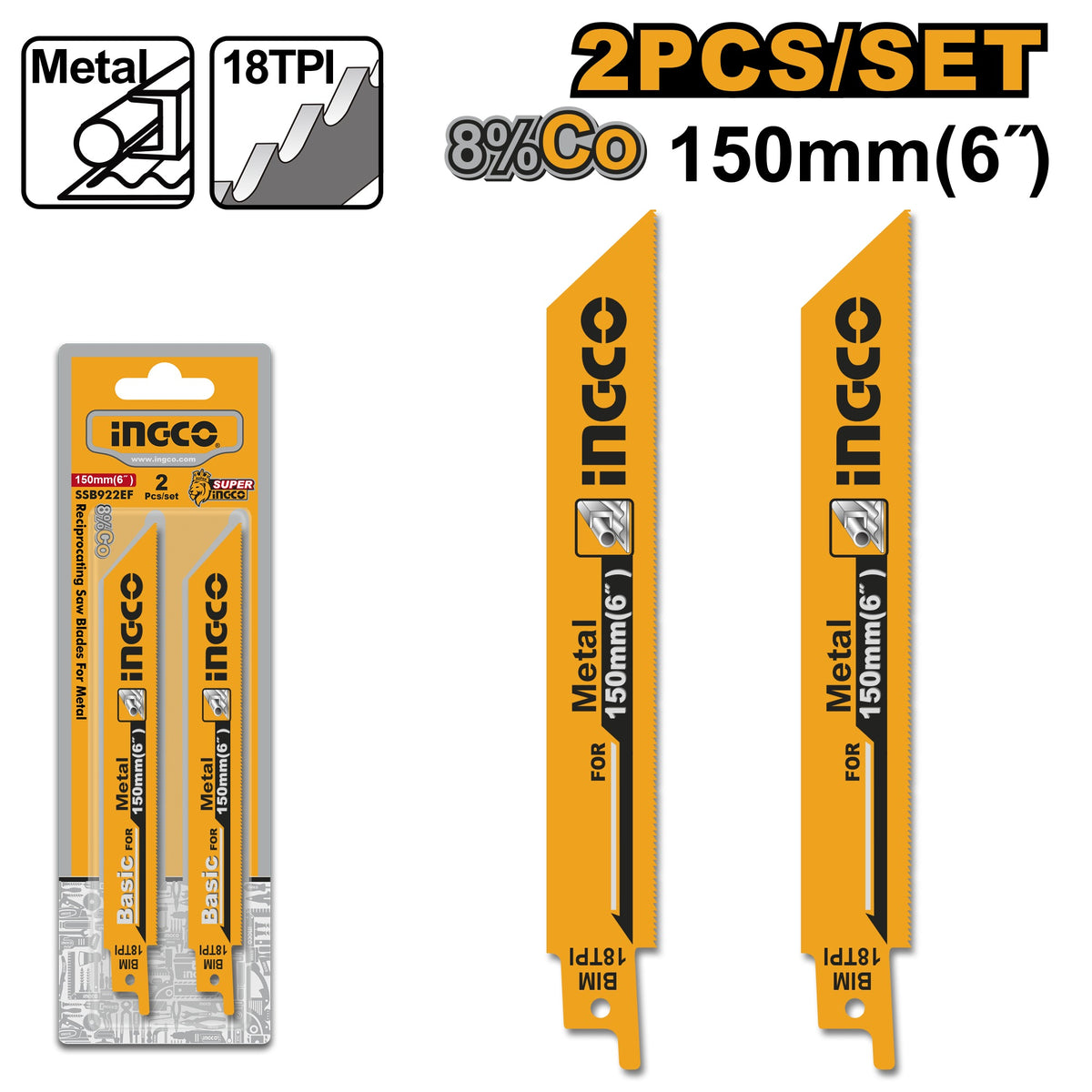 INGCO 2PCS RECIPRO SAW BLADE 150MM X 18TPI SSB922EF