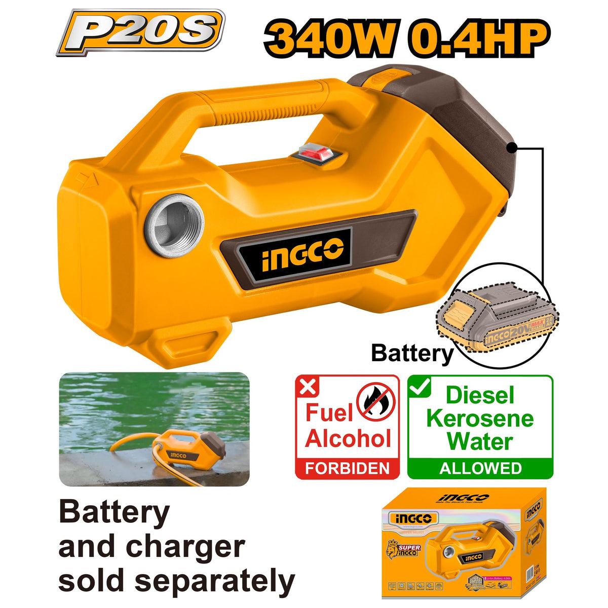 INGCO 20V LI-ION TRANSFER PUMP 45L/MIN, 3/4" CONNECTION TPLI2001 (BARE UNIT) Main image