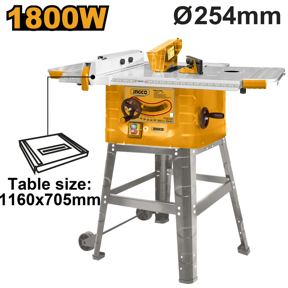 INGCO TABLE SAW WITH FOLDABLE WHEEL STAND 10" 254MM 1800W TS180028 Main image