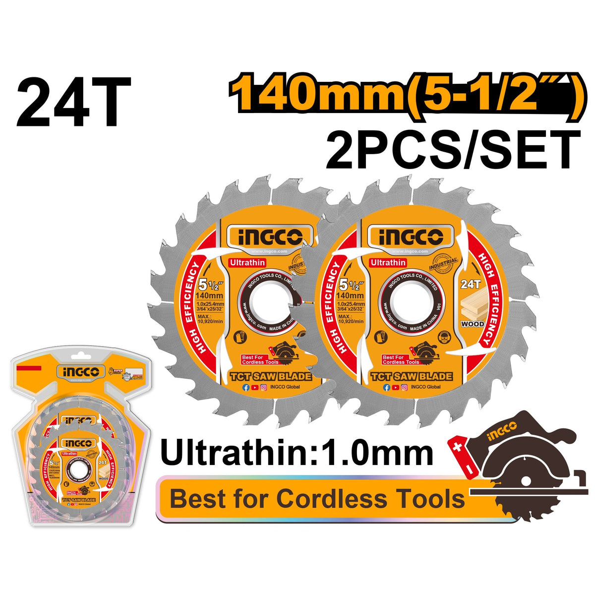 INGCO 2PCS TCT SAW BLADE WOOD CUTTING 140MM 5-1/2"X24T TSB1403 Main image