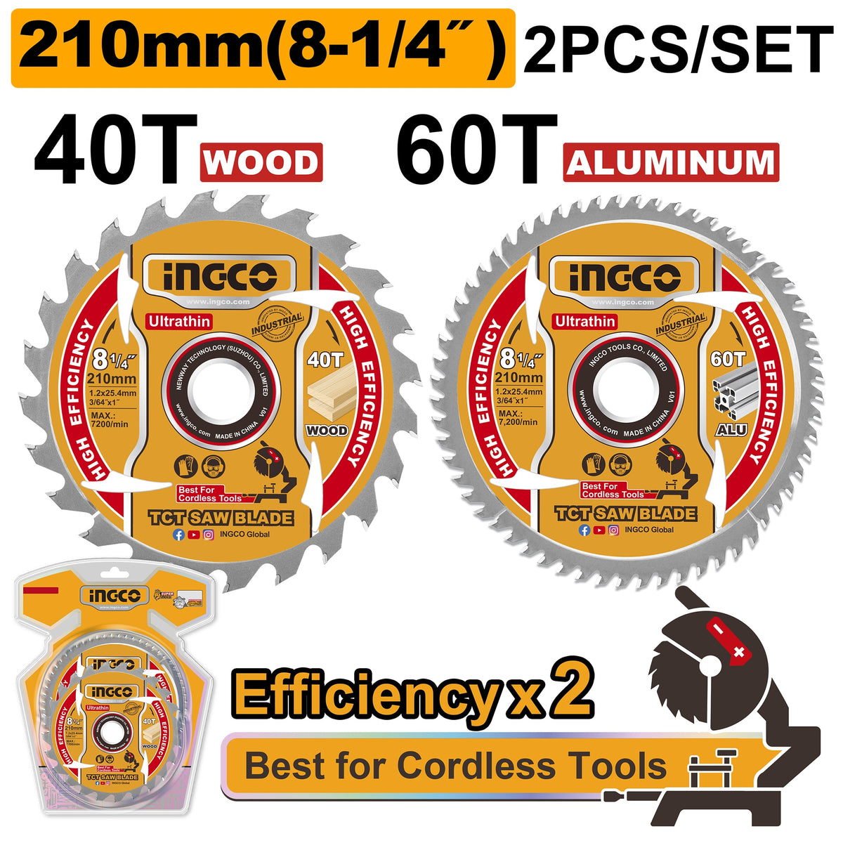 INGCO 2PCS 210MM ALUM & WOOD TCT SAW BLADES SET TSB21068 Main image