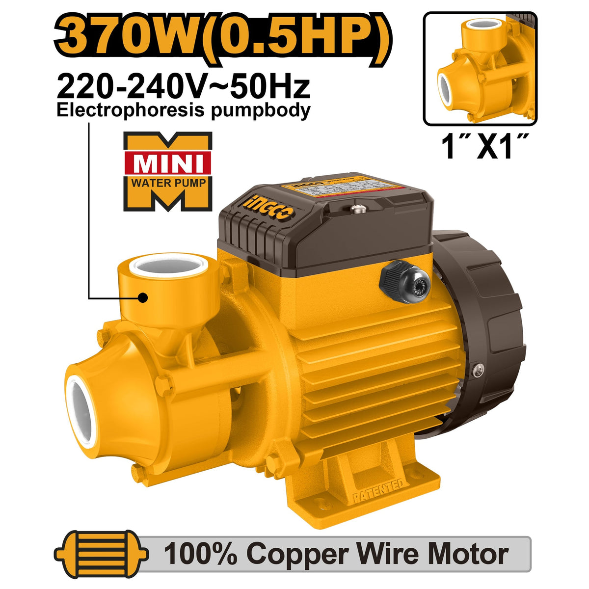 INGCO PERIPHERIAL PUMP 370W 1" X 1" MAX HEAD 30M MAX FLOW 35L/MIN VPM37028 Main image