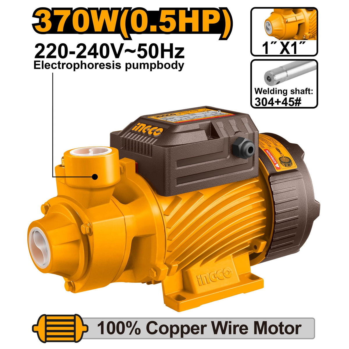 INGCO PERIPHERIAL PUMP 370W 1" X 1" MAX HEAD 38M MAX FLOW 36L/MIN VPM37068