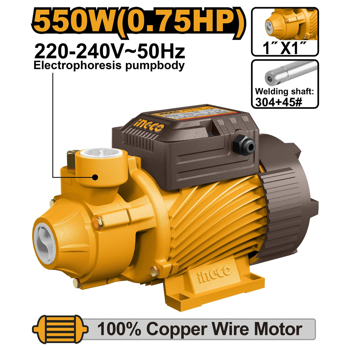 INGCO PERIPHERIAL PUMP 550W 1" X 1" MAX HEAD 45M MAX FLOW 45L/MIN VPM55068