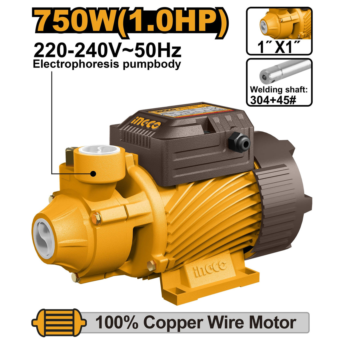 INGCO PERIPHERIAL PUMP 750W 1" X 1" MAX HEAD 52M MAX FLOW 50L/MIN VPM75068 Main image