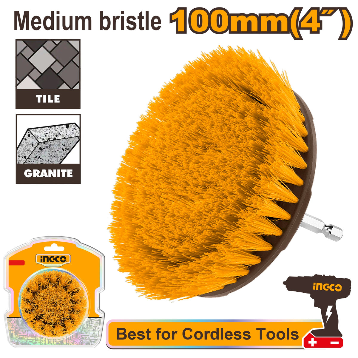 INGCO 4" 1/4" HEXA SHANK MEDIUM BRISTLE DRILL BRUSH WCBM1041 Main image