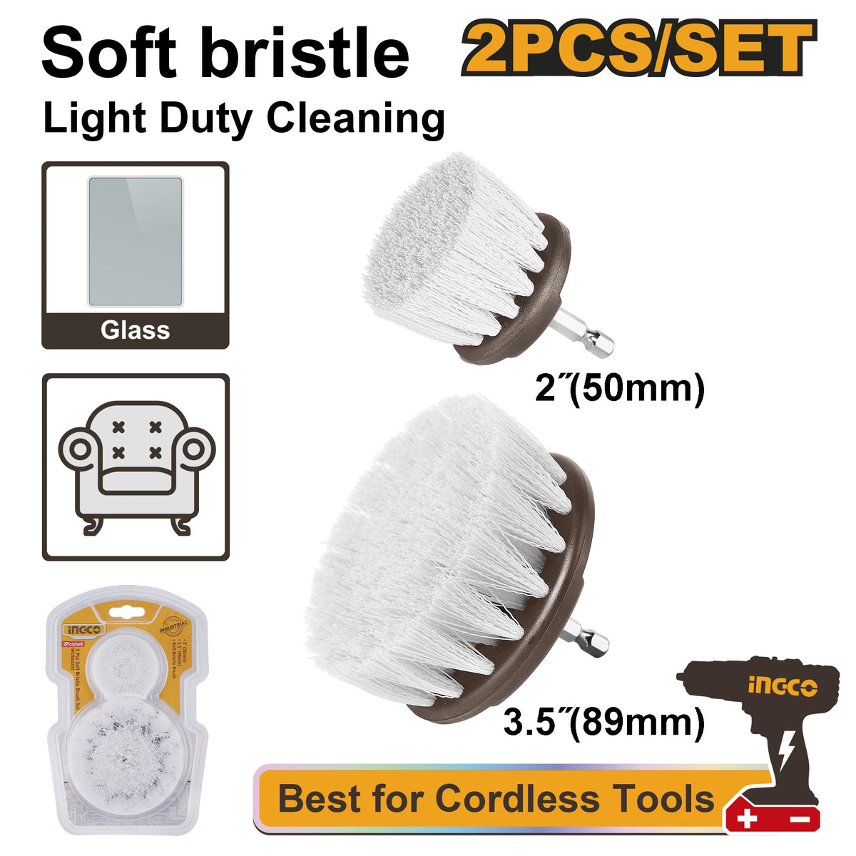 INGCO 2PCS 1/4" HEXA SHANK SOFT BRISTLE BRUSH SET WCBS3235 Main image