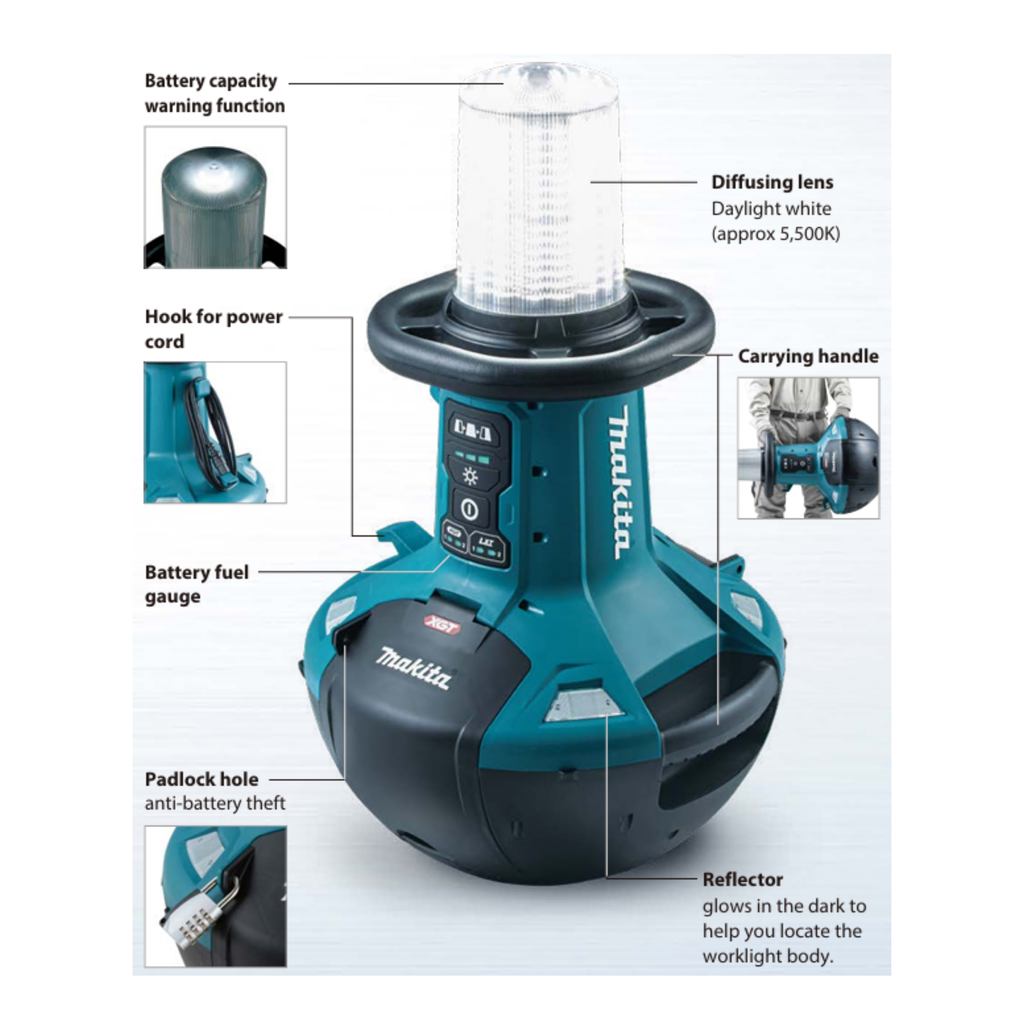 MAKITA ML010G, 220V CORDED & 40V/ 18V CORDLESS LED AREA WORKLIGHT WITH SELF-RIGHTING BASE, 5,500 LUMENS