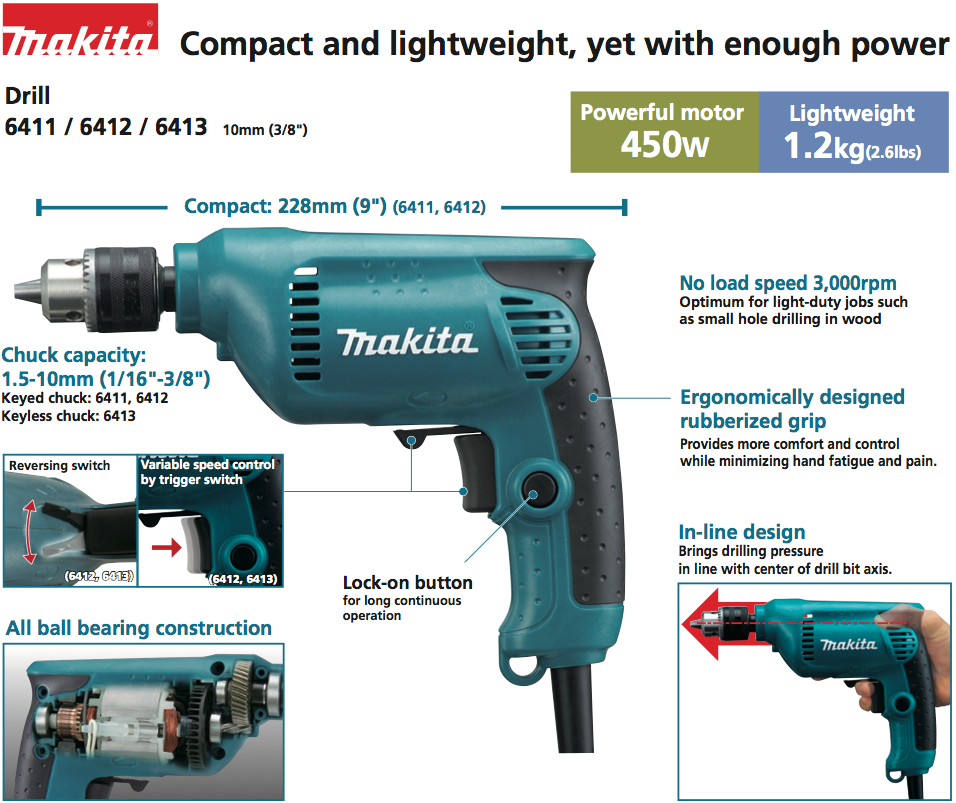 MAKITA 6412 CORDED DRILL (Steel & Wood)