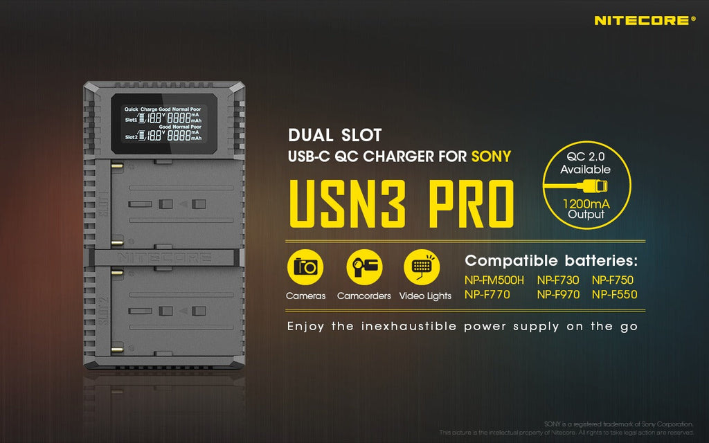 NITECORE USN3 PRO (SONY NP-FM500H, NP-F730, NP-F750, NP-F770, NP-F970, NP-F550) DUAL-SLOT BATTERY CHARGER