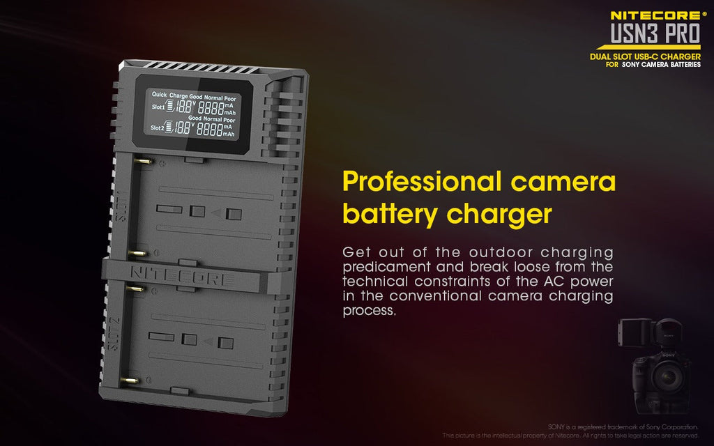 NITECORE USN3 PRO (SONY NP-FM500H, NP-F730, NP-F750, NP-F770, NP-F970, NP-F550) DUAL-SLOT BATTERY CHARGER