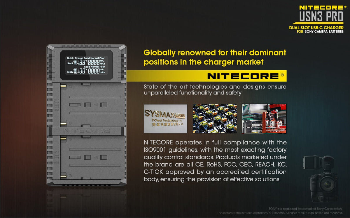 NITECORE USN3 PRO (SONY NP-FM500H, NP-F730, NP-F750, NP-F770, NP-F970, NP-F550) DUAL-SLOT BATTERY CHARGER