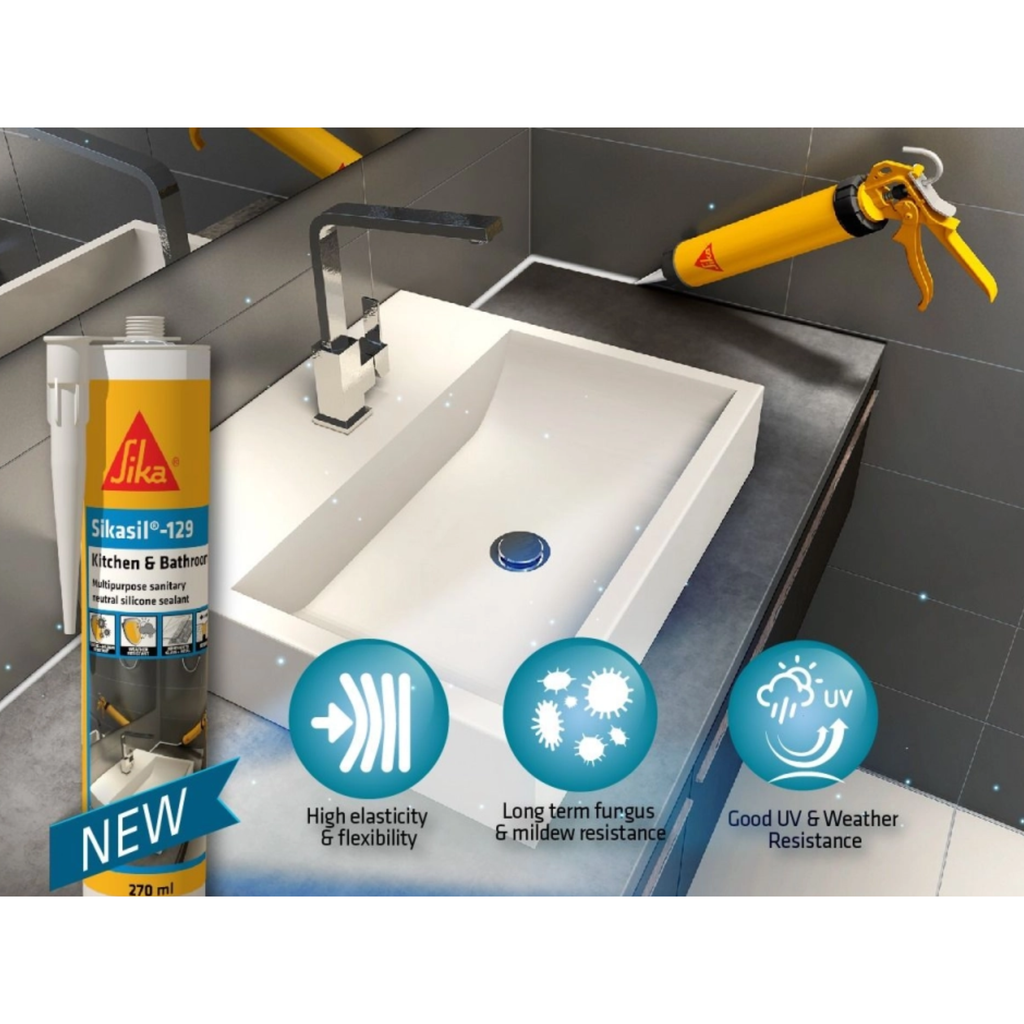 SIKASIL -129, ANTI FUNGAL SILICONE SEALANT FOR KITCHEN AND BATHROOM [BLACK/ CLEAR/ WHITE]