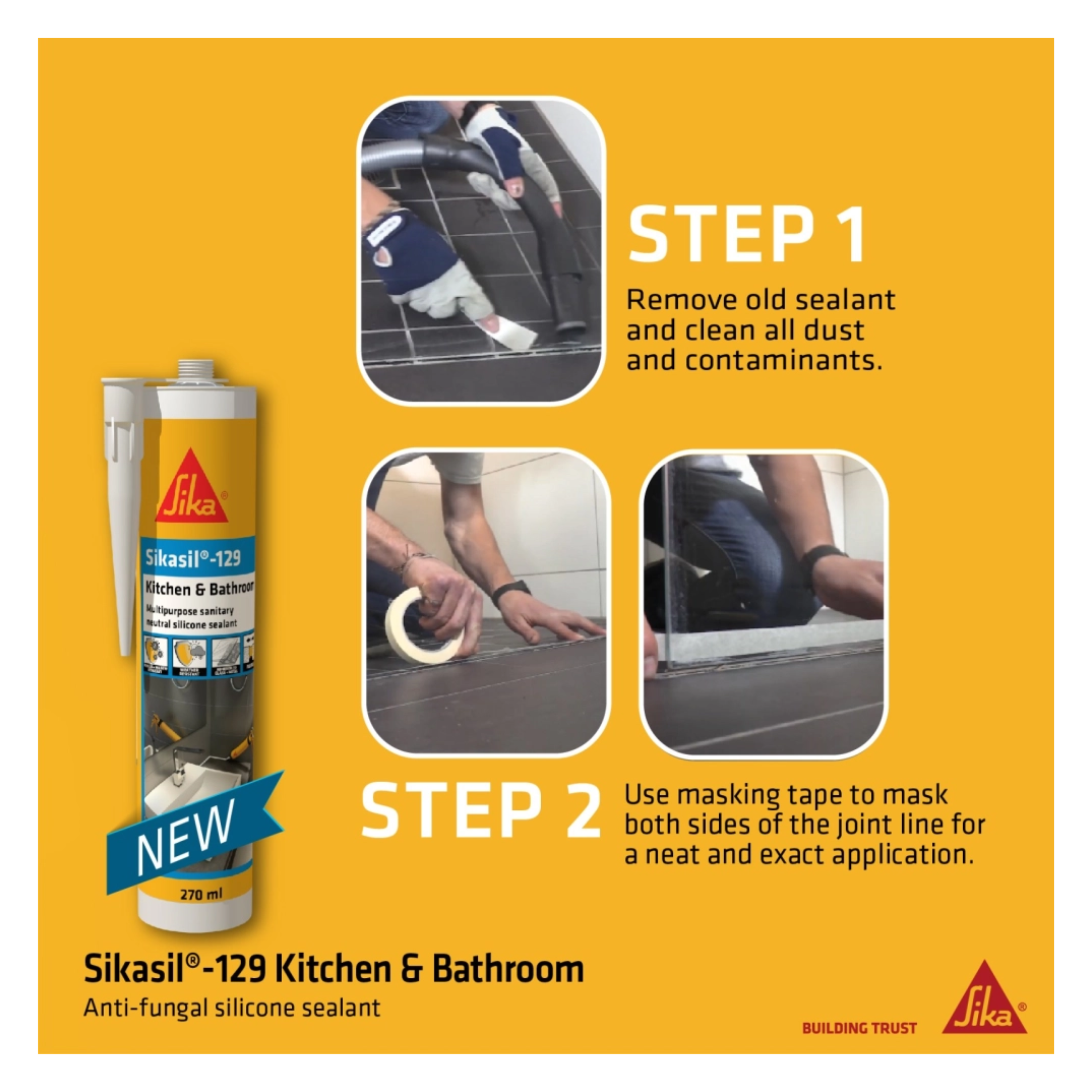 SIKASIL -129, ANTI FUNGAL SILICONE SEALANT FOR KITCHEN AND BATHROOM [BLACK/ CLEAR/ WHITE]