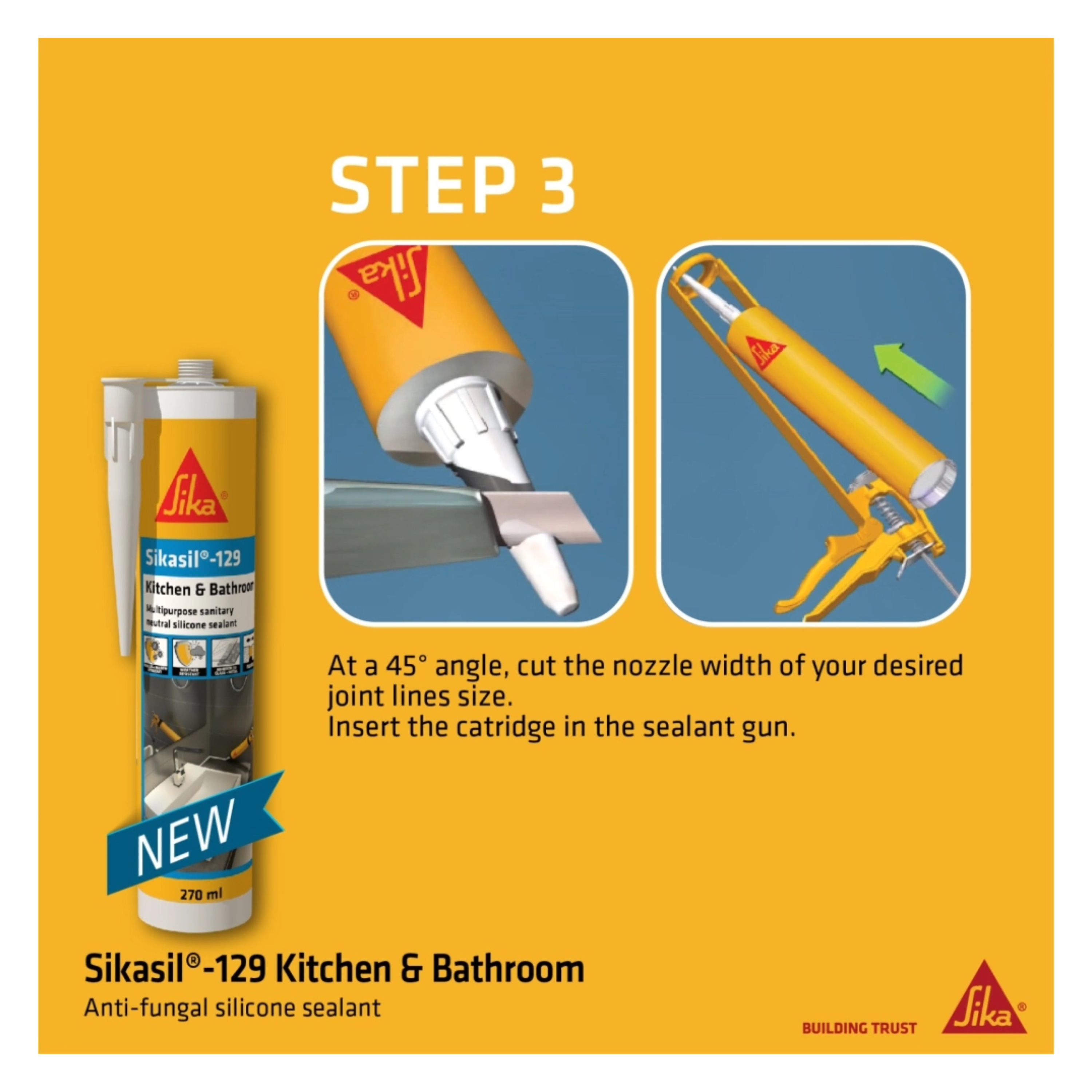 SIKASIL -129, ANTI FUNGAL SILICONE SEALANT FOR KITCHEN AND BATHROOM [BLACK/ CLEAR/ WHITE]