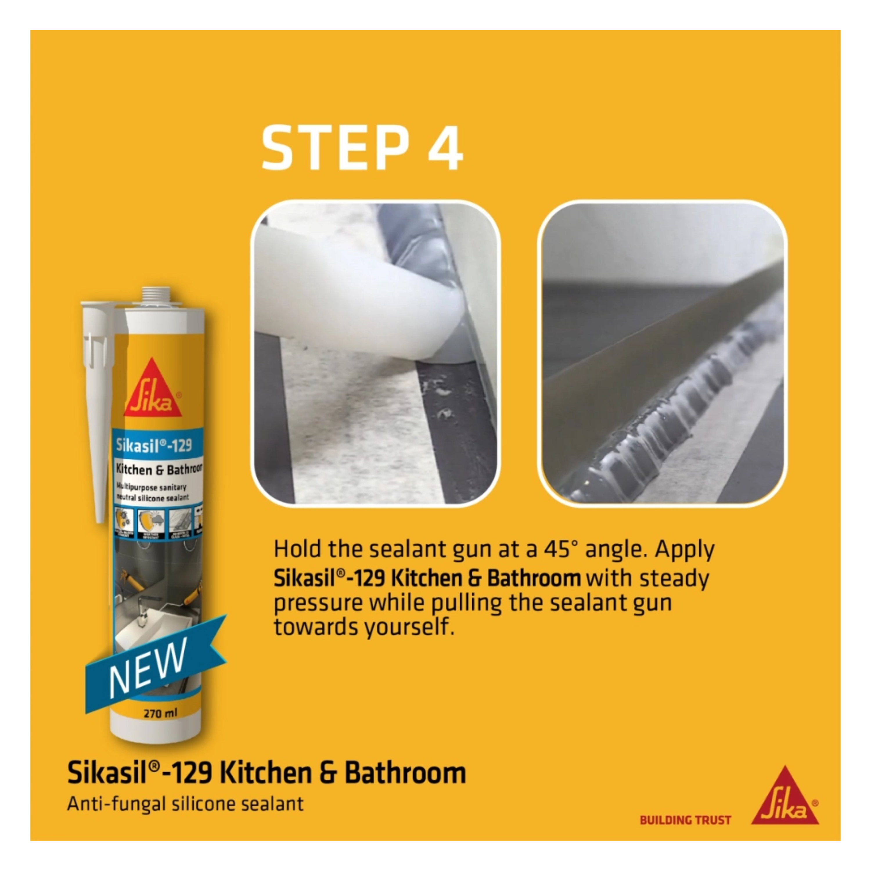 SIKASIL -129, ANTI FUNGAL SILICONE SEALANT FOR KITCHEN AND BATHROOM [BLACK/ CLEAR/ WHITE]
