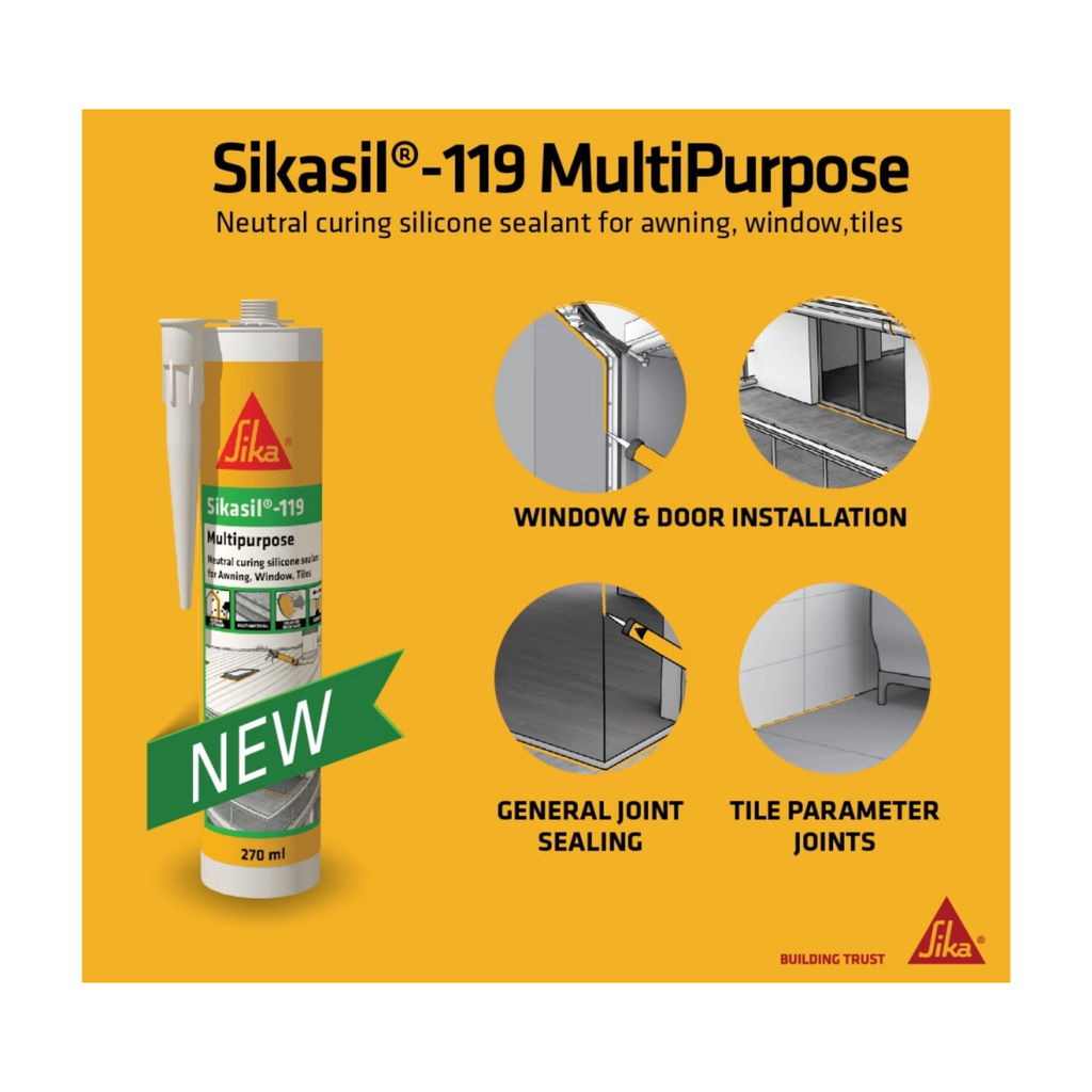 SIKASIL -119, NON-CORROSIVE WEATHERPROOF SILICONE SEALANT FOR INDOOR & OUTDOOR [BLACK/ CLEAR/ WHITE]