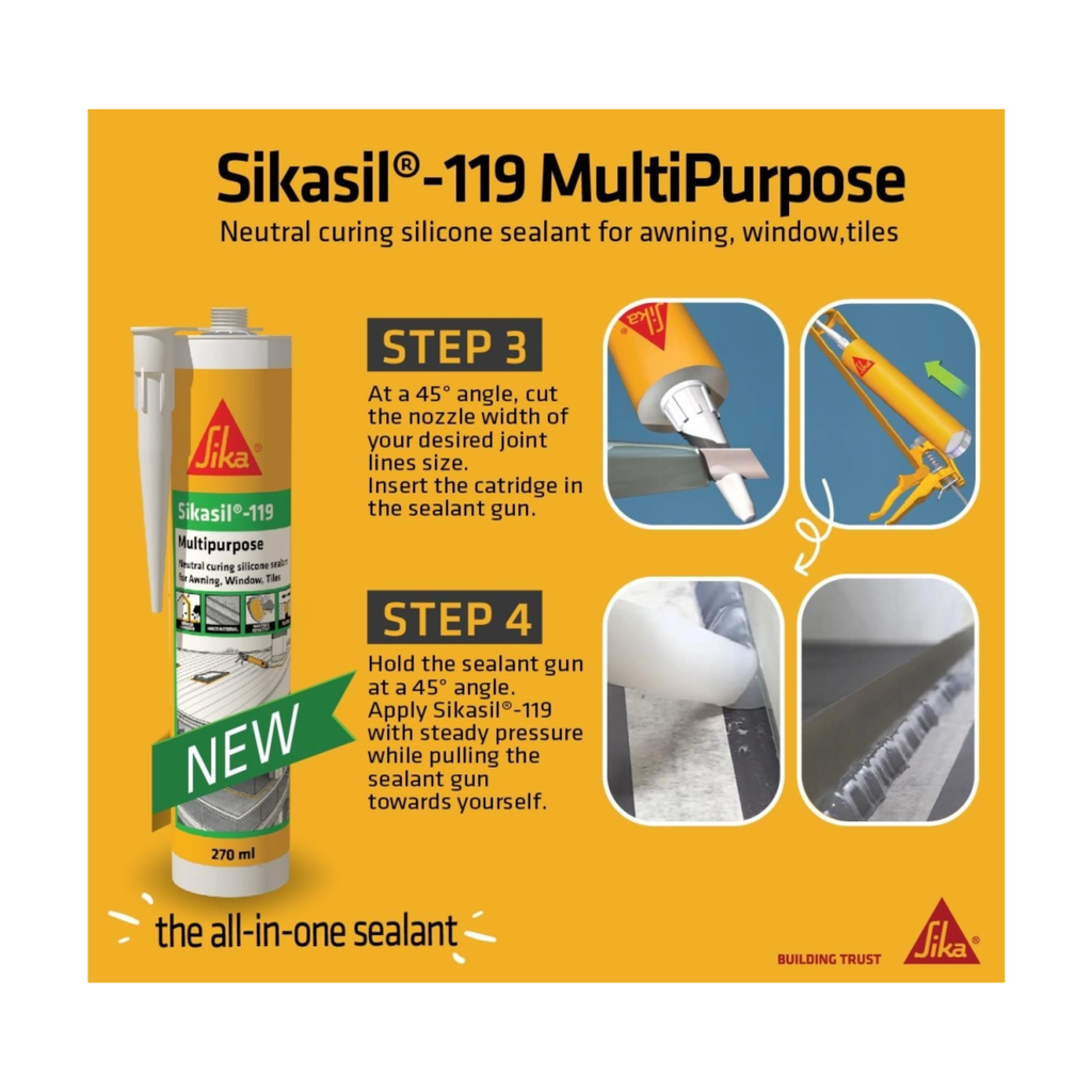 SIKASIL -119, NON-CORROSIVE WEATHERPROOF SILICONE SEALANT FOR INDOOR & OUTDOOR [BLACK/ CLEAR/ WHITE]