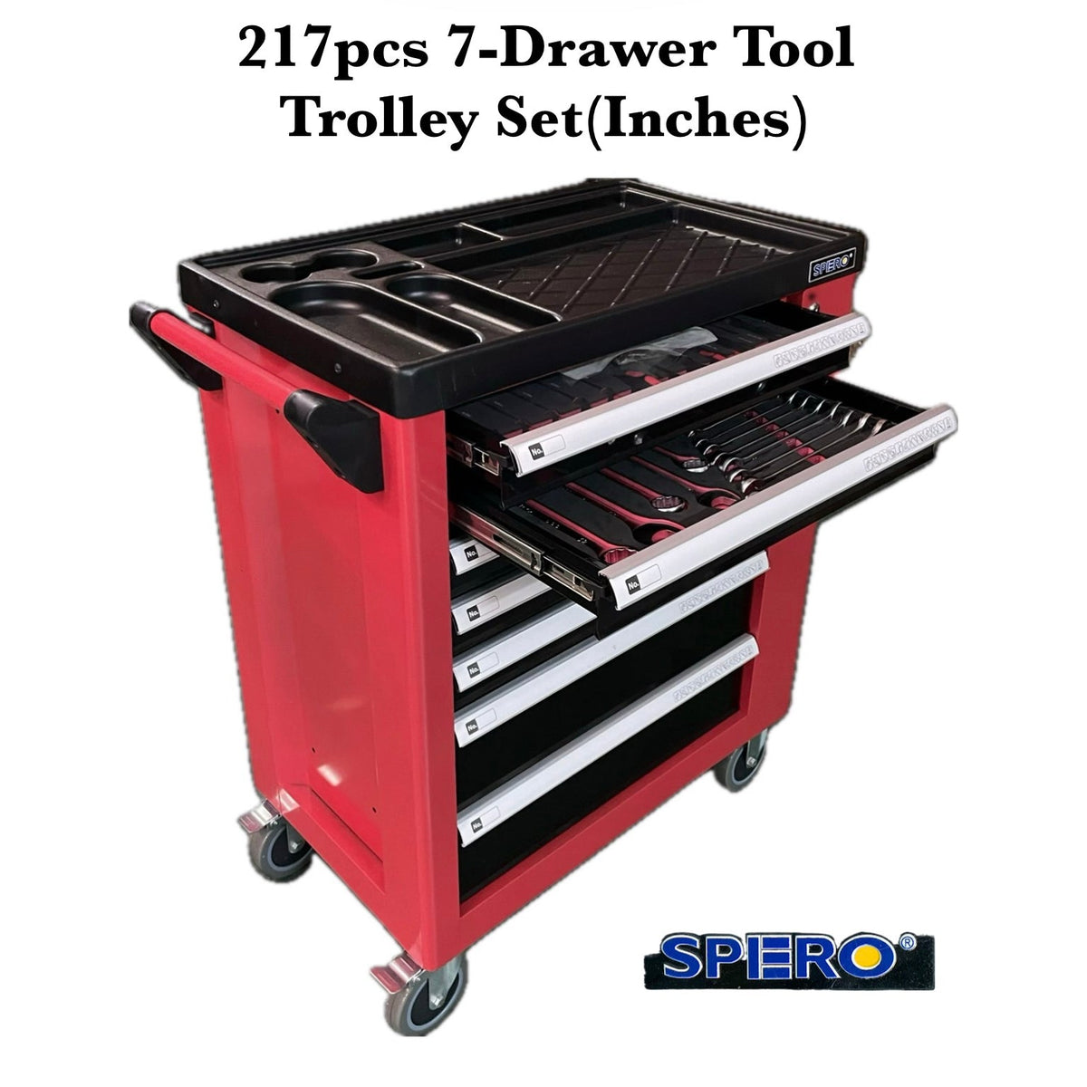 SPERO-217PCS INCHES TOOL 7-DRAWER TOOL TROLLEY SET (RED)