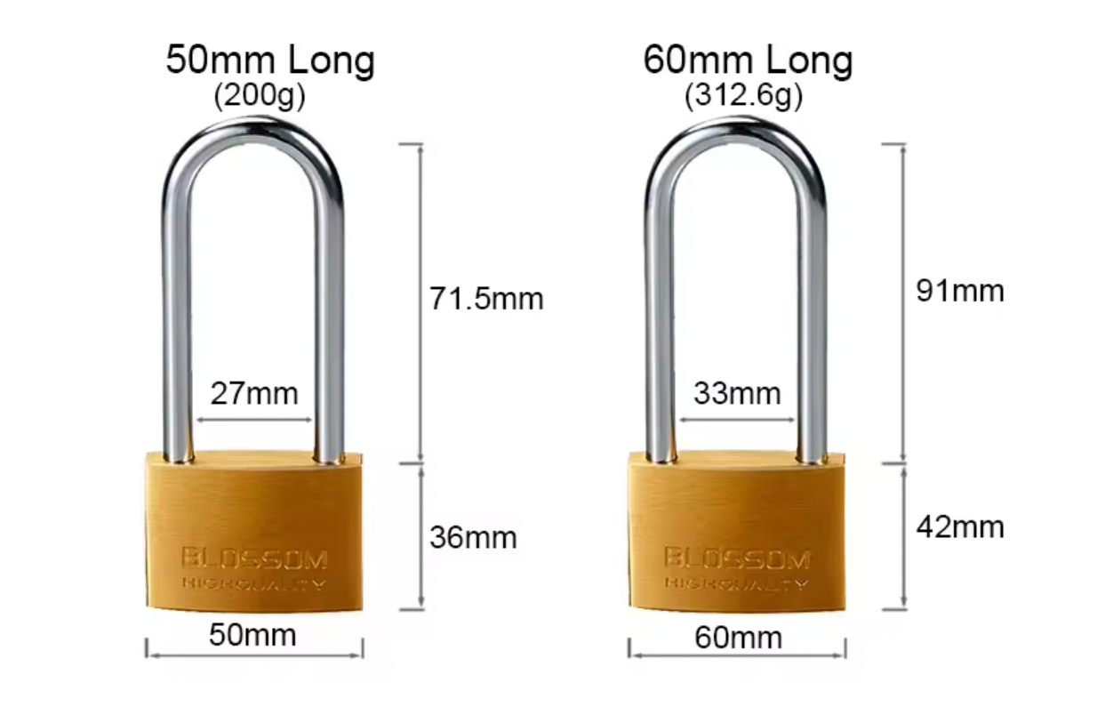 BLOSSOM HIGH SECURITY SOLID BRASS PADLOCK, LONG SHACKLE, BC16L
