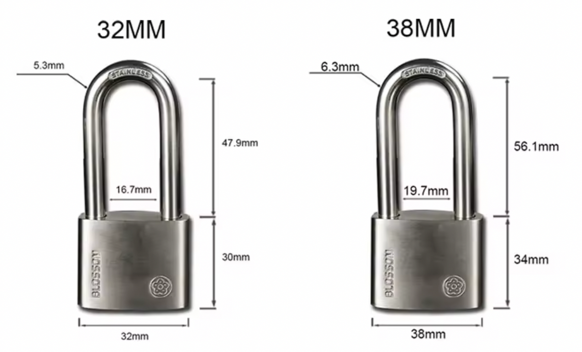 BLOSSOM HIGH SECURITY STAINLESS STEEL PADLOCK, LONG SHACKLE BC92L