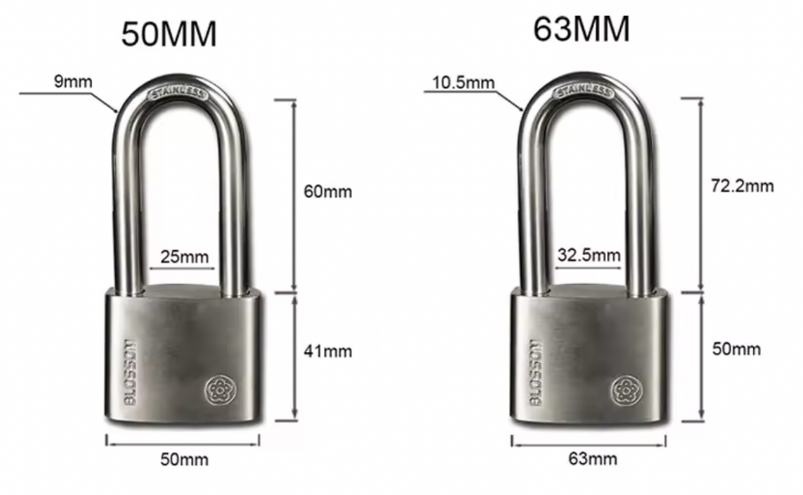 BLOSSOM HIGH SECURITY STAINLESS STEEL PADLOCK, LONG SHACKLE BC92L