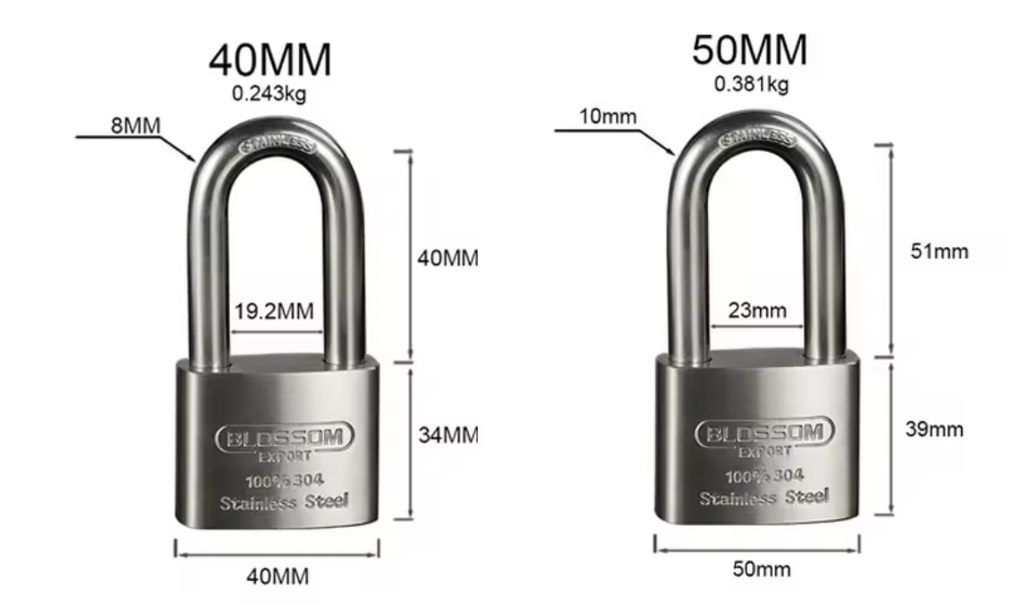 BLOSSOM HEAVY DUTY STAINLESS STEEL PADLOCK, LONG SHACKLE, ST45L